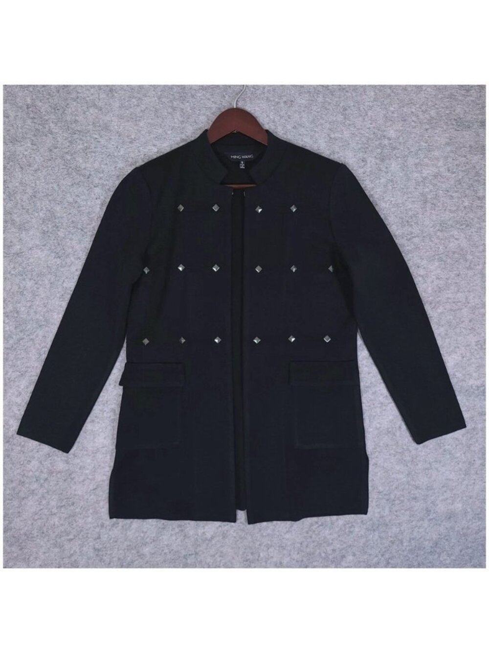 Ming Wang Studded Knit Cardigan Jacket Womens Small Black Open Front Mandarin
